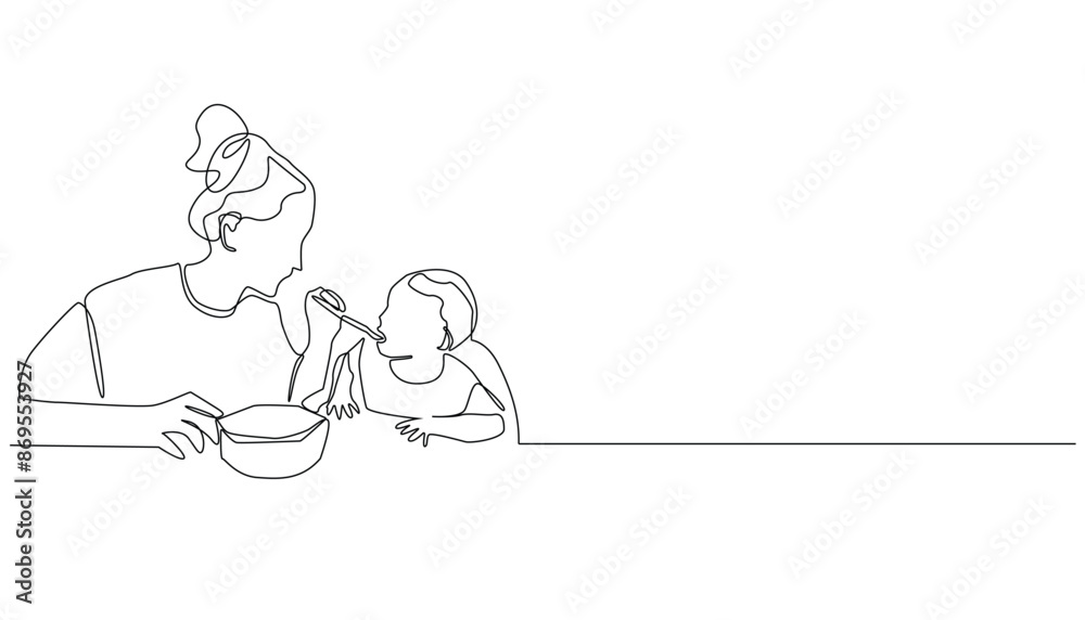 continuous line drawing of mother feeding child food. one line drawing of giving nutritious food to toddlers. single line vector illustration. isolated on white background continuous line drawing of mother feeding child food. one line drawing of giving nutritious food to toddlers. single line vector illustration. isolated on white background