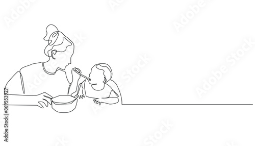 continuous line drawing of mother feeding child food. one line drawing of giving nutritious food to toddlers. single line vector illustration. isolated on white background
