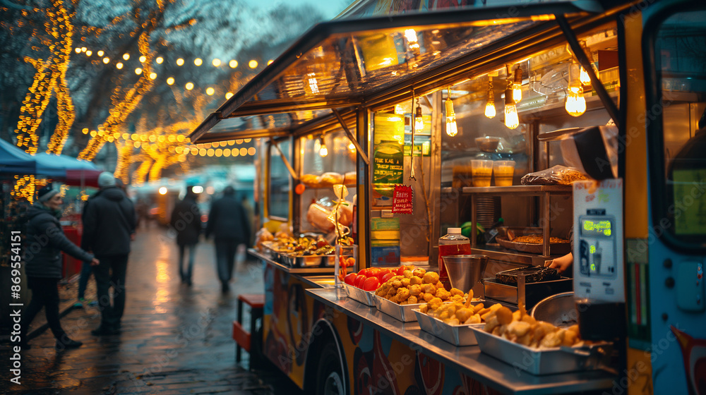 Naklejka premium Colorful food truck at a festive night market, illuminated by string lights, offering a variety of street food to passersby