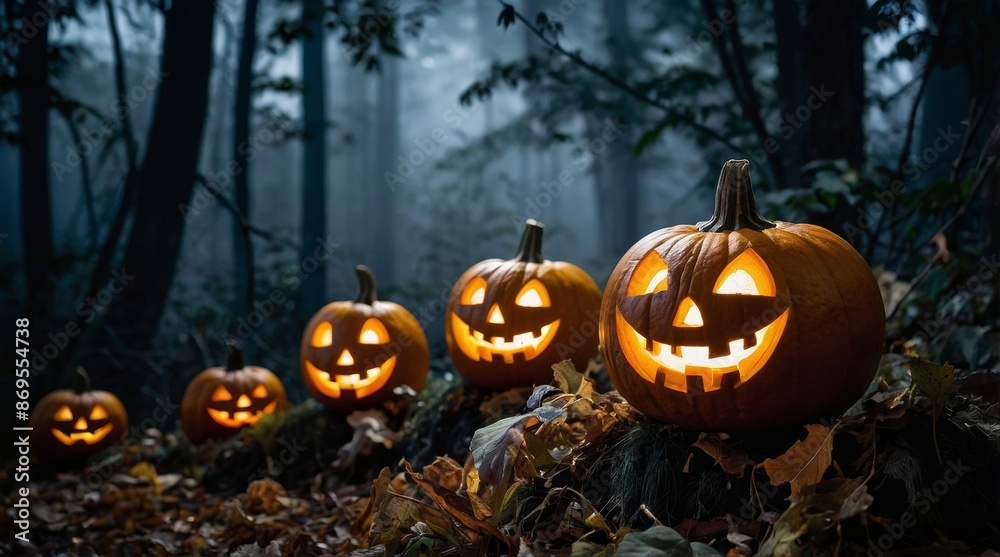 Halloween Pumpkins Smiling In Mist Forest At Moonlight Halloween Pumpkins Smiling In Mist Forest At Moonlight