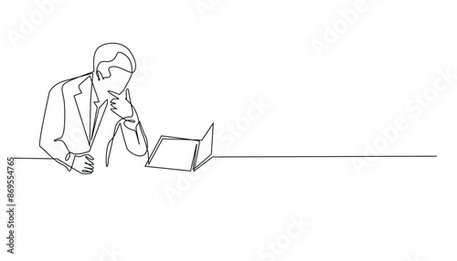 continuous line drawing of man thinking hard in front of laptop.one line vector drawing of business man thinking.line vector illustration.isolated white background