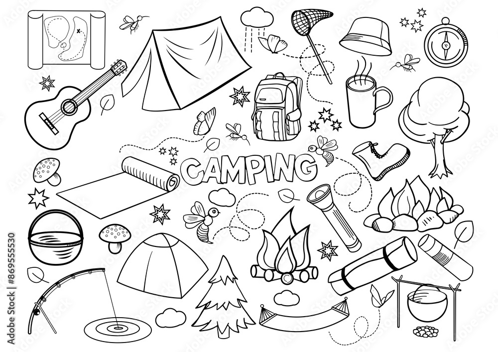 Obraz premium Camping design colorless set PNG illustration. Coloring book. Black and white line art