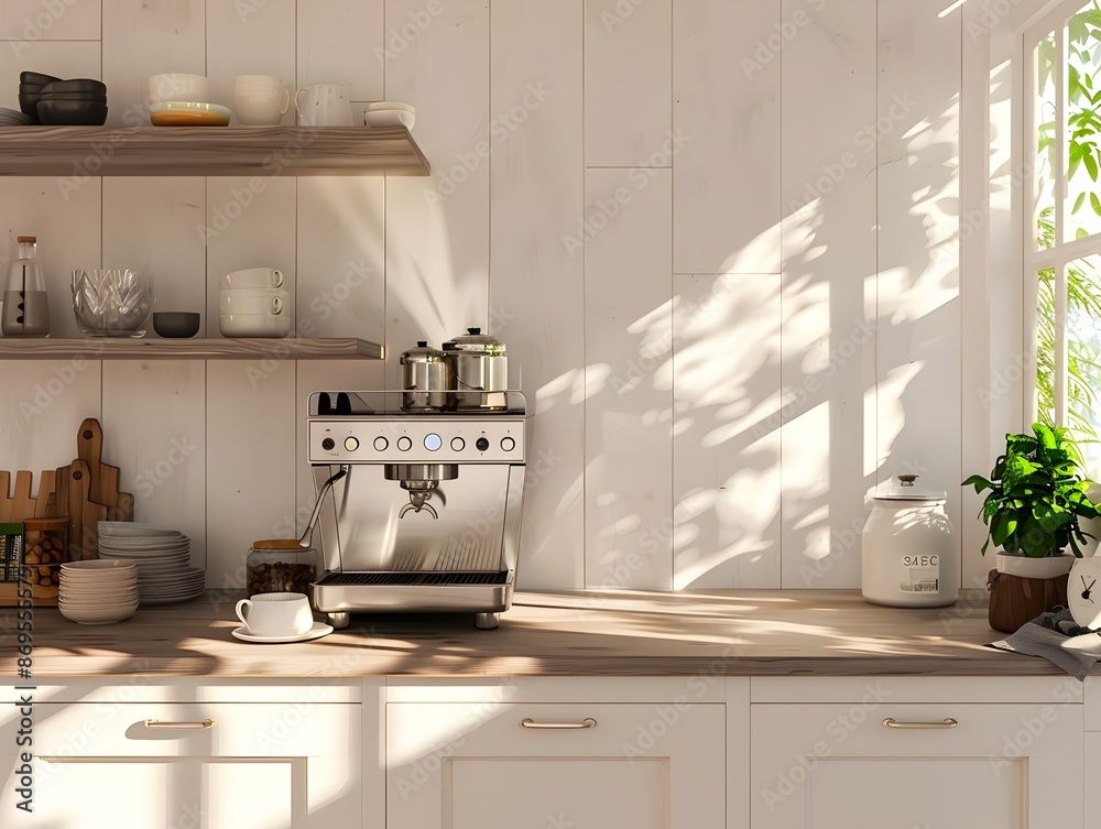 Elegant Stainless Steel Coffee Machine in Bright Scandinavian Style Kitchen Interior Elegant Stainless Steel Coffee Machine in Bright Scandinavian Style Kitchen Interior