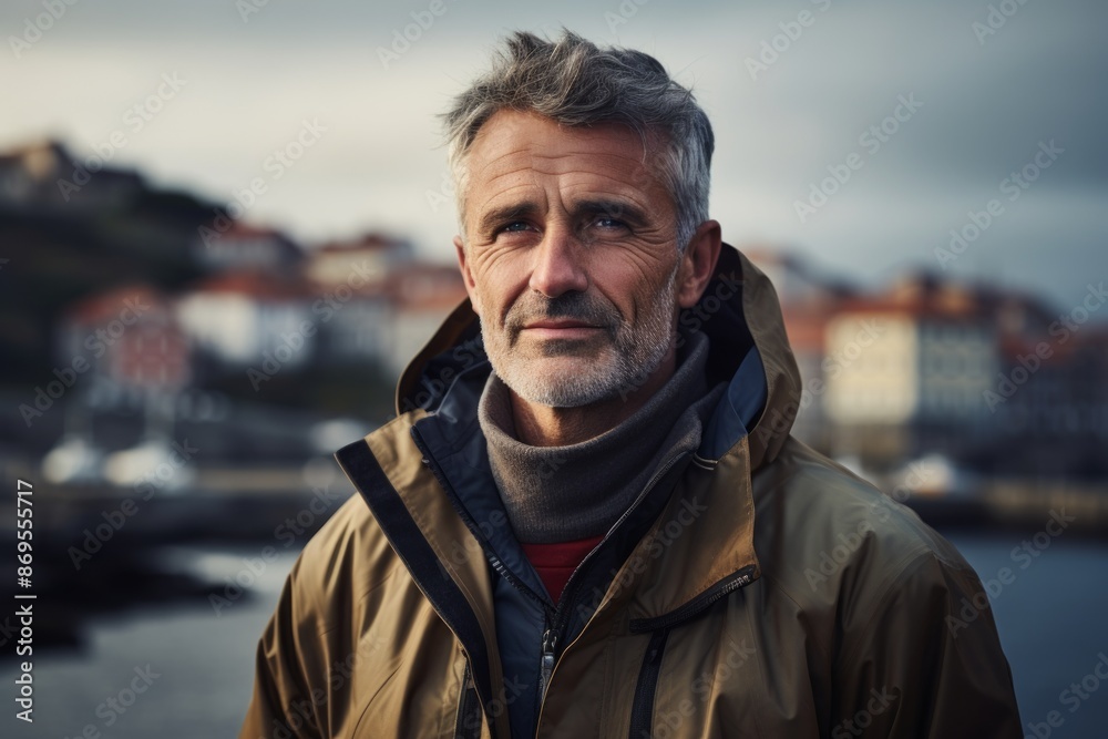 Portrait of a glad man in his 50s wearing a windproof softshell in front of picturesque seaside village