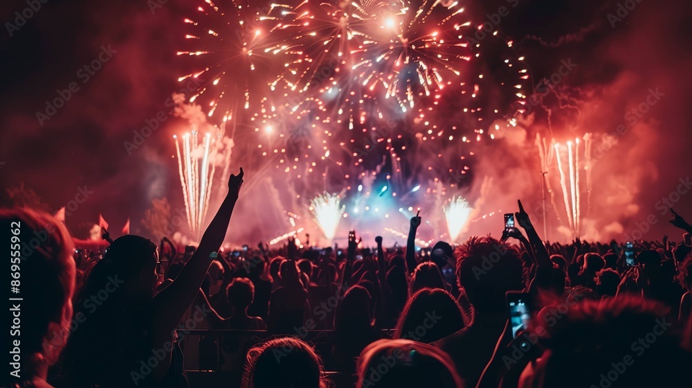 Fototapeta premium A crowd of people are watching fireworks in the sky party vibing