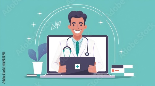 Doctor Smiling on Laptop Screen During Virtual Healthcare Consultation