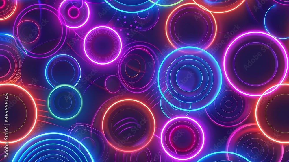 A colorful, neon-lit background with many circles of different sizes A colorful, neon-lit background with many circles of different sizes