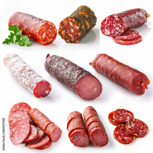 Top and side views of smoked salami sausage slices, isolated on a white background.