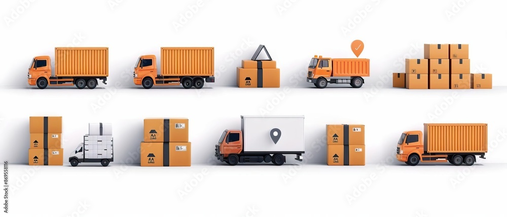 Collection of orange delivery trucks and cardboard boxes representing shipping, logistics, and transportation services. Collection of orange delivery trucks and cardboard boxes representing shipping, logistics, and transportation services.