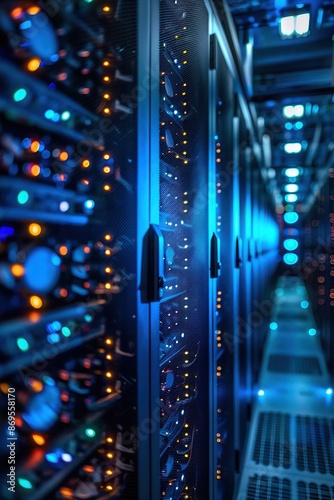 Modern data center with rows of servers and colorful lights. High-tech environment for storage, networking, and data management.