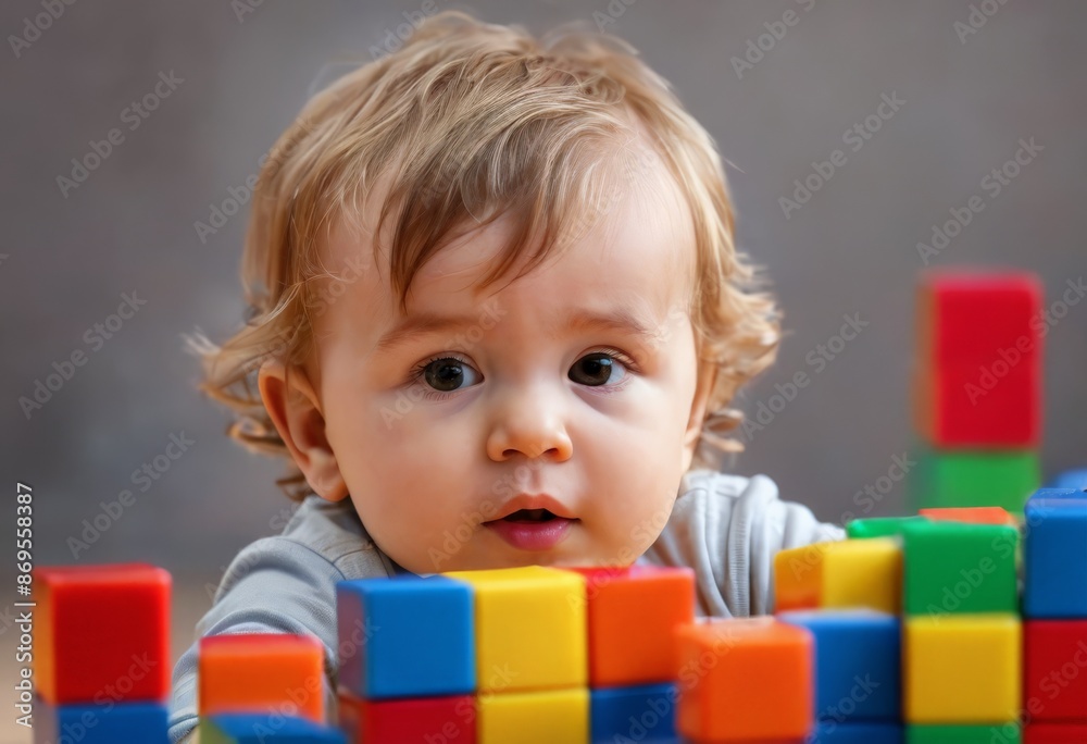 Adorable baby plays with colourful blocks Adorable baby plays with colourful blocks