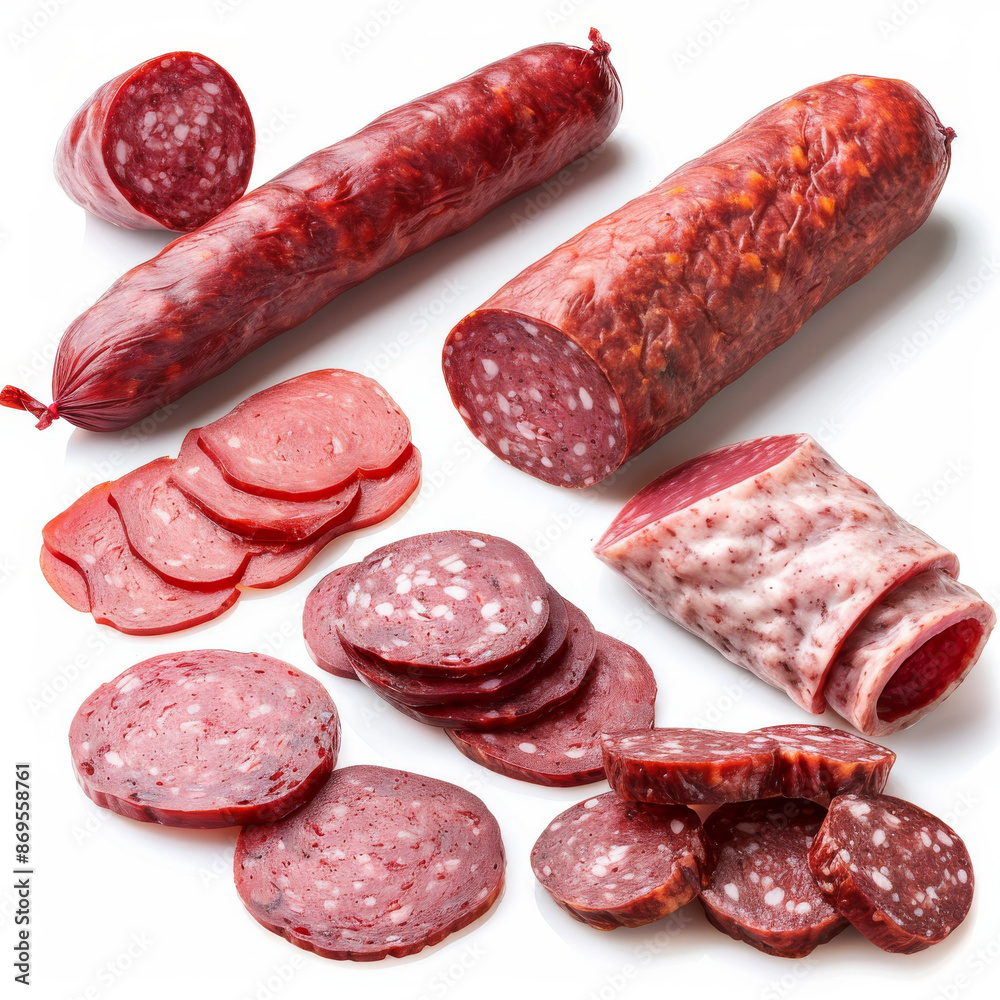 Top and side views of smoked salami sausage slices, isolated on a white background. Top and side views of smoked salami sausage slices, isolated on a white background.