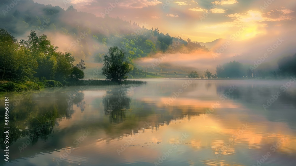 Fototapeta premium Misty Morning Magic at Lacu Rosu: Tranquil Sunrise Over Harghita County, Romania, Europe