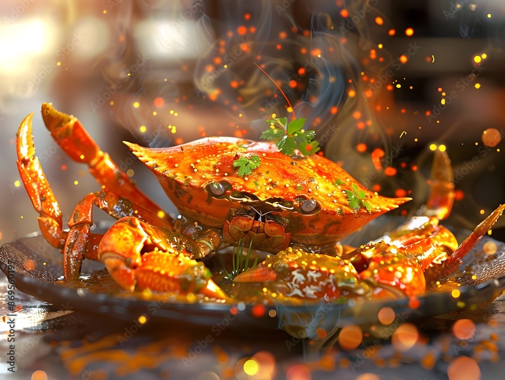 Succulent 3D Rendered Crab in Vibrant Curry Sauce Sizzling on a Traditional Wok Succulent 3D Rendered Crab in Vibrant Curry Sauce Sizzling on a Traditional Wok