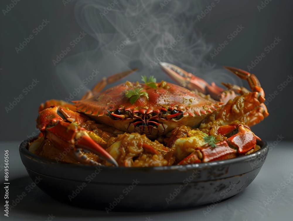Steaming Curry Spiced Crab Dish on Modern Ceramic Platter Against Minimalist Background