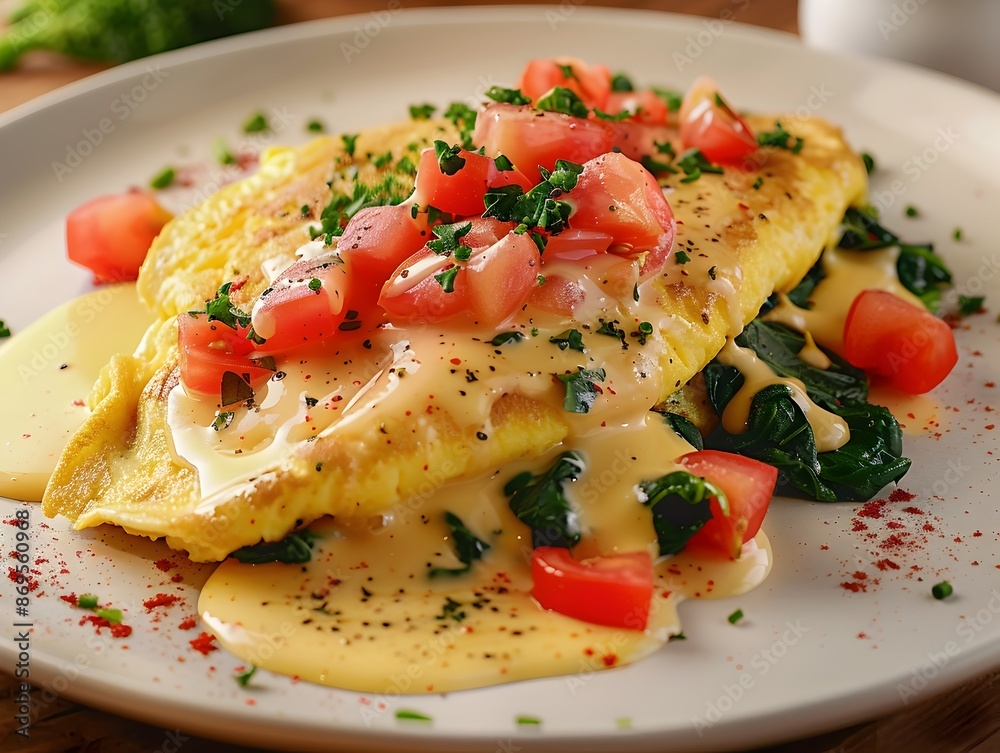 Artfully Plated Omelet with Diced Tomatoes Spinach and Hollandaise Sauce in Moody Lighting Artfully Plated Omelet with Diced Tomatoes Spinach and Hollandaise Sauce in Moody Lighting
