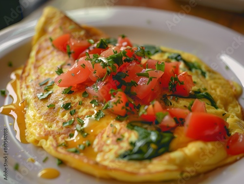 Artfully Plated Omelet With Diced Tomatoes Spinach and Hollandaise Sauce