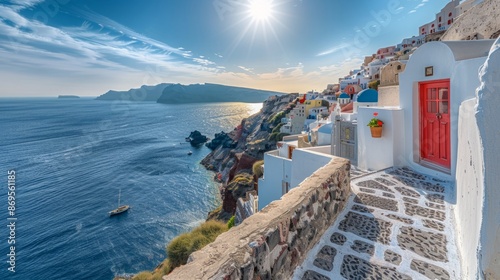 Santorini's Enchanting Vistas: Iconic White Buildings and Azure Seas of a Greek Island Paradise photo