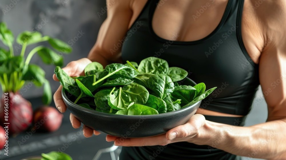 Fit woman holding bowl of fresh spinach Fit woman holding bowl of fresh spinach