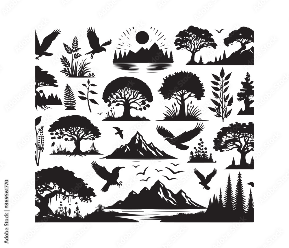 Fototapeta premium Nature vector art graphic resources silhouette vector style, white background