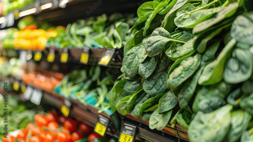 Fresh green spinach and vegetables in grocery store aisle Fresh green spinach and vegetables in grocery store aisle