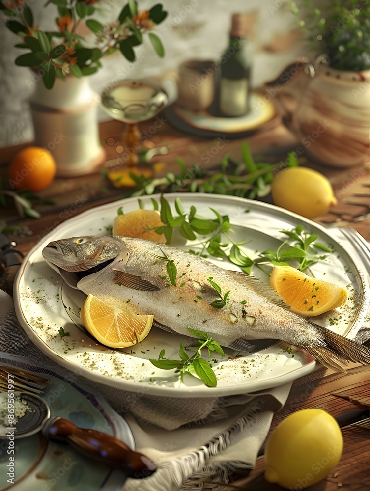 Generative Rendered Steamed White Fish Fillet with Lemon and Aromatic Herbs on a Serene Kitchen Setting Generative Rendered Steamed White Fish Fillet with Lemon and Aromatic Herbs on a Serene Kitchen Setting