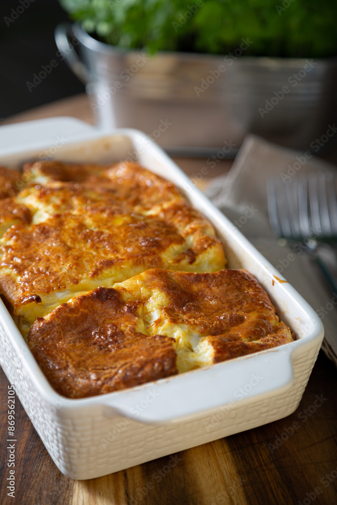 Airy baked omelette on the table Airy baked omelette on the table