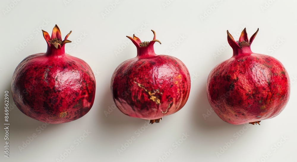 Three Ripe Pomegranates Arranged in a Row on a White Background Three Ripe Pomegranates Arranged in a Row on a White Background