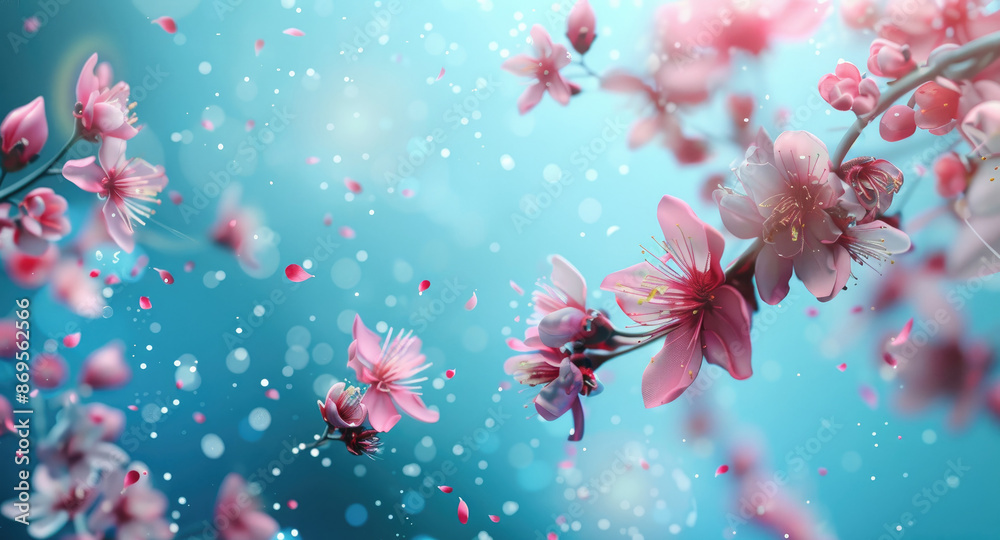 Close-up of cherry blossoms with soft blue background, evoking serene springtime atmosphere Close-up of cherry blossoms with soft blue background, evoking serene springtime atmosphere