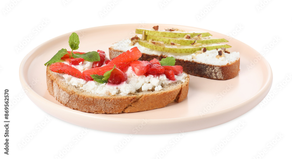 Delicious bruschettas with fresh ricotta (cream cheese), strawberry, mint and pear isolated on white Delicious bruschettas with fresh ricotta (cream cheese), strawberry, mint and pear isolated on white
