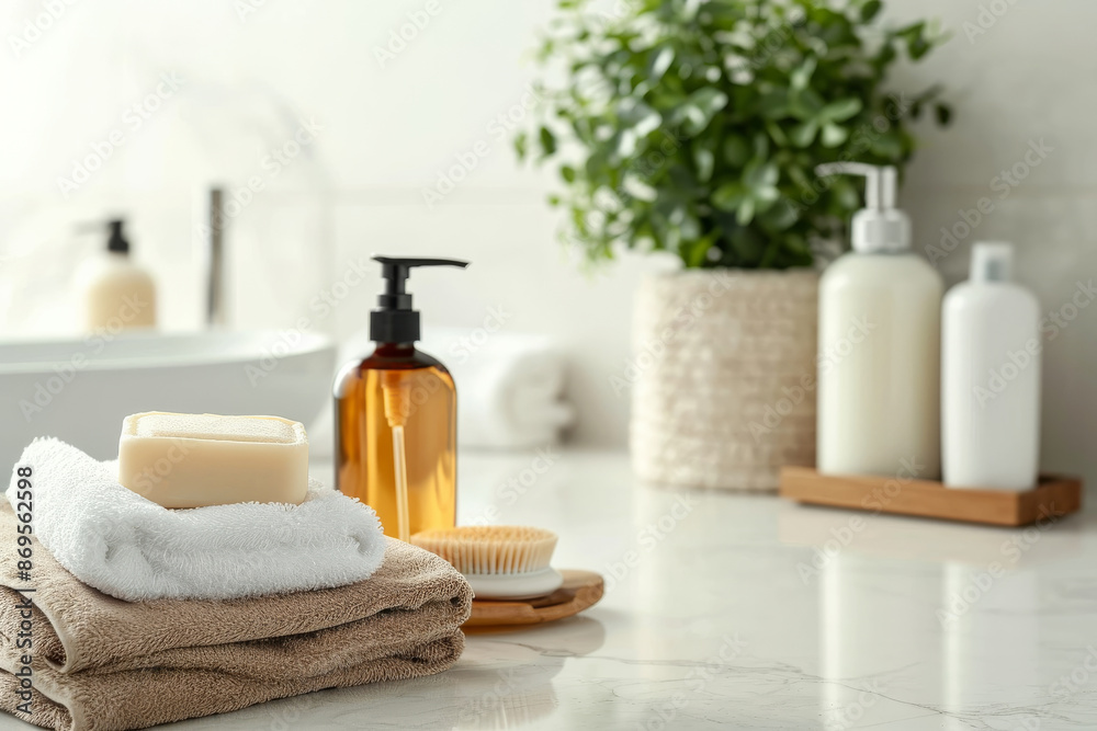 A bathroom counter featuring neatly folded towels, a bar of soap, and a soap dispenser. A bathroom counter featuring neatly folded towels, a bar of soap, and a soap dispenser.
