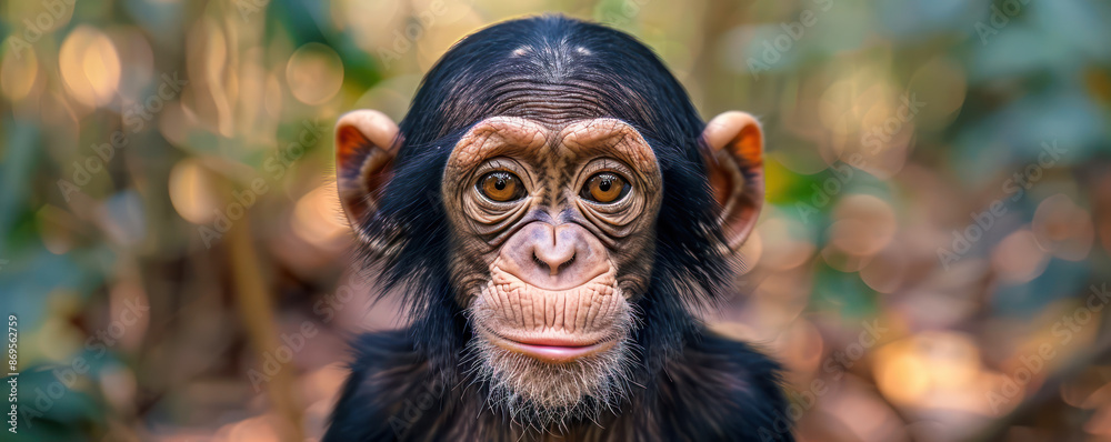 Close-Up Portrait of a Young Chimpanzee in the Jungle, A Powerful Look Into the Eyes of a Curious Primate Close-Up Portrait of a Young Chimpanzee in the Jungle, A Powerful Look Into the Eyes of a Curious Primate