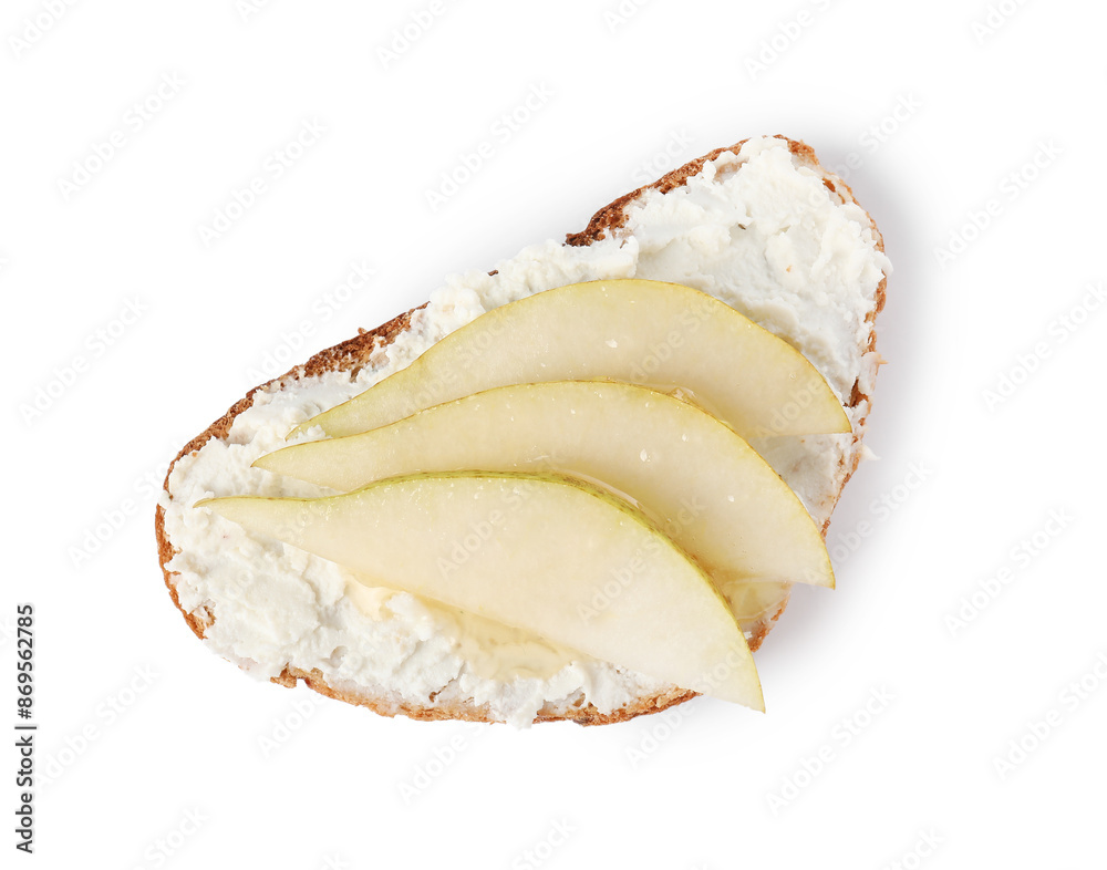 Delicious ricotta bruschetta with pear isolated on white, top view