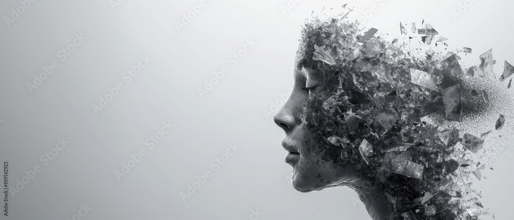 Sadness and anxiety concept with despaired, stressed shattered 3D woman body Sadness and anxiety concept with despaired, stressed shattered 3D woman body