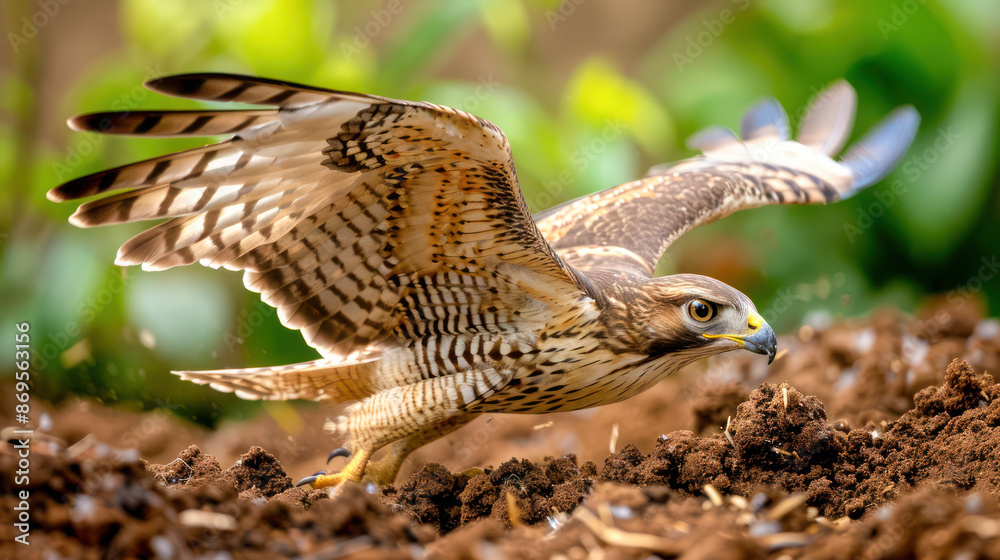 Fototapeta premium Hawk Swooping Down on a Pet Rabbit in a Backyard, A Dynamic and Tense Moment Captured in Nature Photography