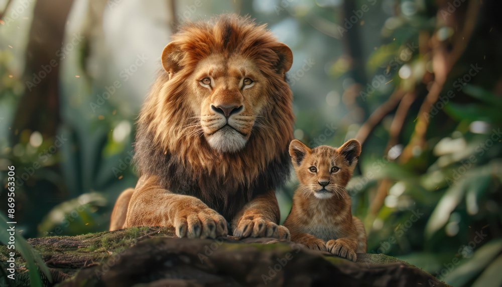Obraz premium Majestic Lion and Playful House Cat in the Jungle A Contrast of Wild and Domesticated, Nature's Beauty and the Power of Contrast, Lion Cub and Kitten in the Wilderness, The Wild Side of Feline