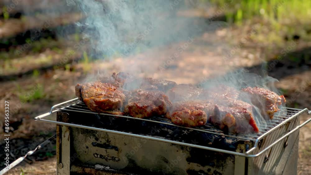 Roasting juicy meat steak marinated with spices in smoked charcoals smoke on bbq grid. Holidays and active rest concept Roasting juicy meat steak marinated with spices in smoked charcoals smoke on bbq grid. Holidays and active rest concept