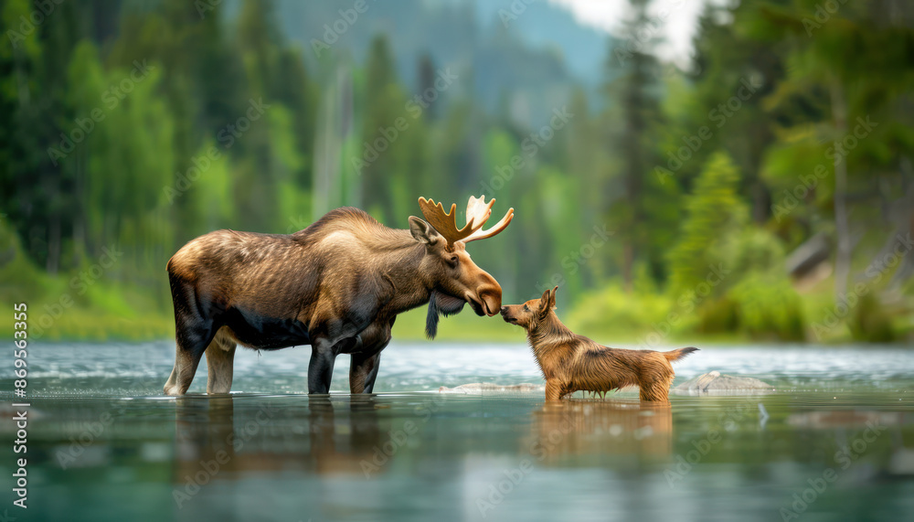 Moose and Dog Encounter A Stunning Display of Nature's Harmony and Conflict by the Lake Wildlife Photography Capturing the Unlikely Friendship of a Majestic Moose and a Courageous Dog Moose and Dog Encounter A Stunning Display of Nature's Harmony and Conflict by the Lake Wildlife Photography Capturing the Unlikely Friendship of a Majestic Moose and a Courageous Dog
