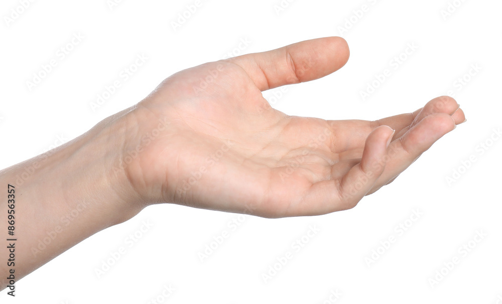 Woman showing hand on white background, closeup Woman showing hand on white background, closeup