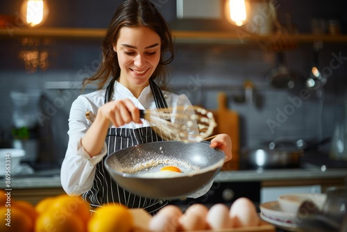 Cook blogger Young woman whisking raw eggs in mixing-bowl in front of camera © alisaaa