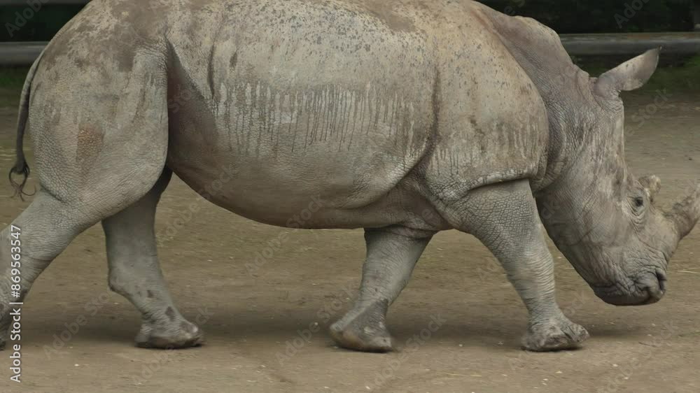 Baby rhinoceros runs away slow motion in rainy weather. Baby southern white rhinoceros, southern white rhino or Ceratotherium simum simum in the wild Baby rhinoceros runs away slow motion in rainy weather. Baby southern white rhinoceros, southern white rhino or Ceratotherium simum simum in the wild