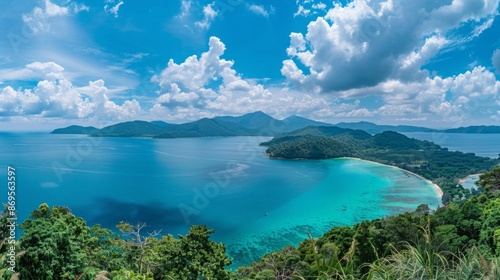 Majestic Mountain and Deep Blue Ocean Landscape, Inspiring World Travel and Adventure, with a Touch of Thai Islands' Charm