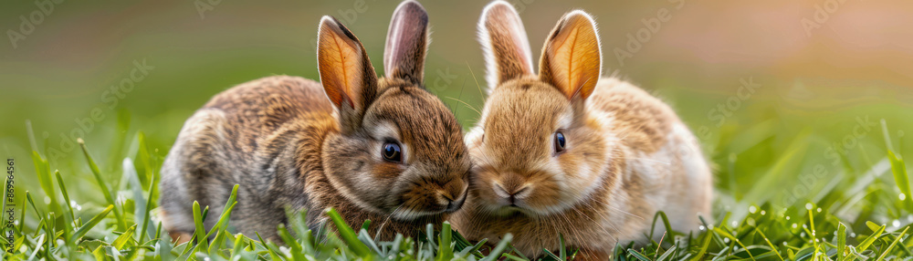 Fototapeta premium Wild Rabbit and Pet Rabbit in the Garden A Moment of Peaceful Coexistence, Nature Photography