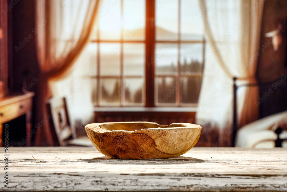 Empty wooden bowl on old wooden table. Window kitchen background. Empty wooden bowl on old wooden table. Window kitchen background.