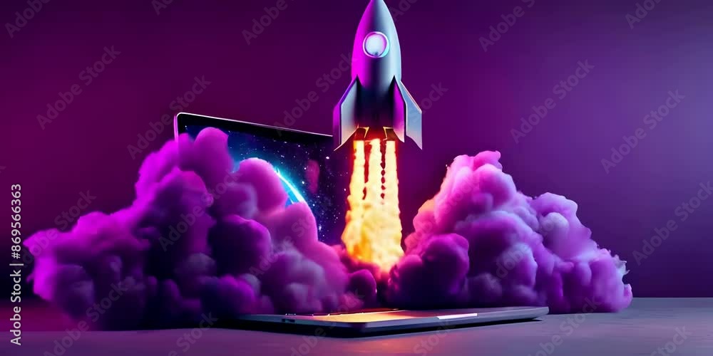 A 3D rocket emerges from a laptop amid purple smoke and a glowing aura ...