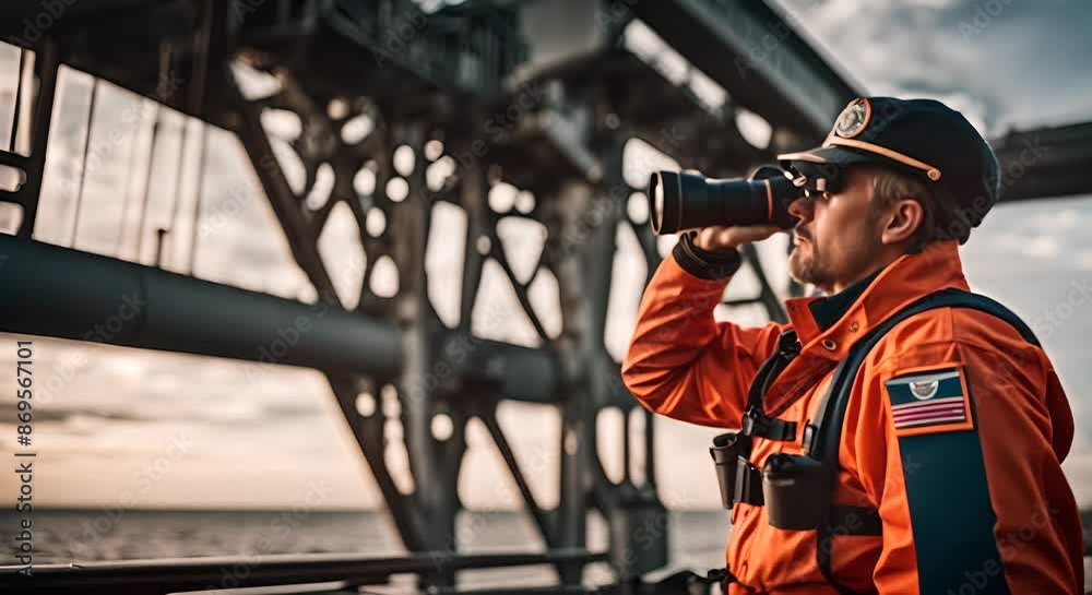 Coast guard man with binoculars. Coast guard man with binoculars.
