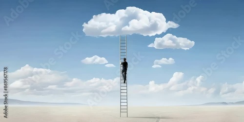A man climbs a ladder towards clouds shaped like a computer symbolizing ambition and digital innovation concept