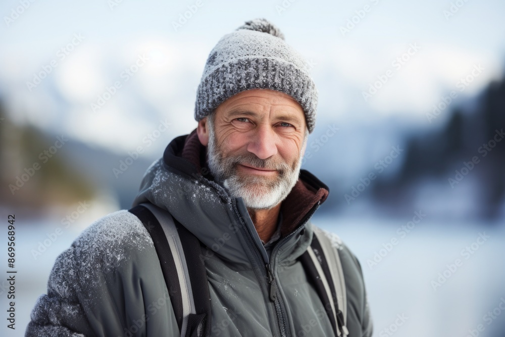 Portrait of a satisfied man in his 50s wearing a thermal fleece pullover while standing against backdrop of a frozen winter lake Portrait of a satisfied man in his 50s wearing a thermal fleece pullover while standing against backdrop of a frozen winter lake