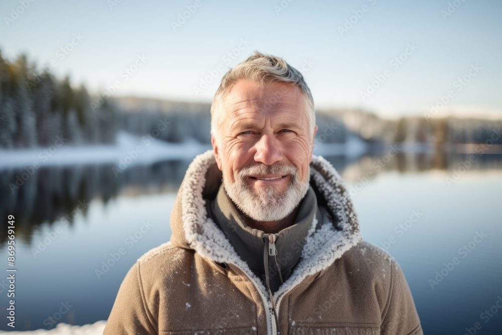 Portrait of a satisfied man in his 50s wearing a thermal fleece pullover on backdrop of a frozen winter lake