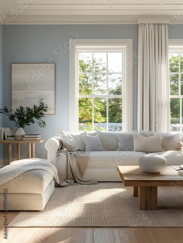 Bright and Airy Hamptons Style Living Room with Pale Blue Walls and Light Linen Furnishings